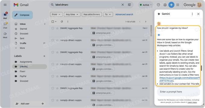 Gemini label suggestions for automatically organizing Gmail emails