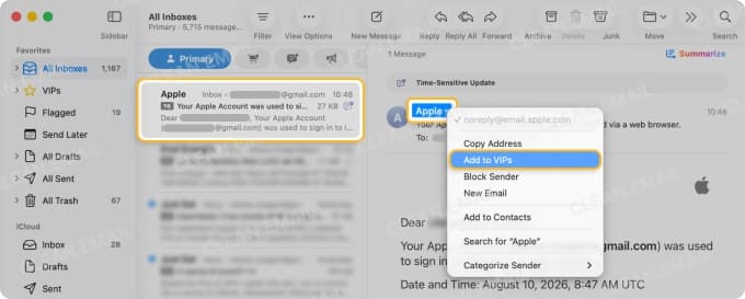 iCloud Mail VIP mailbox for important senders