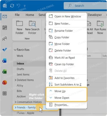 Outlook folder list with alphabetical sorting disabled