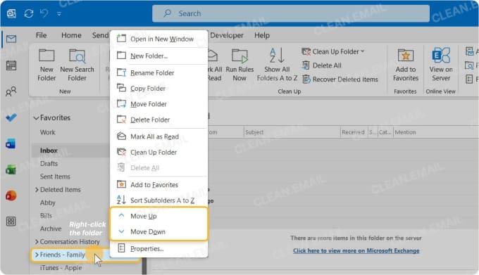 Outlook folder list with alphabetical sorting disabled