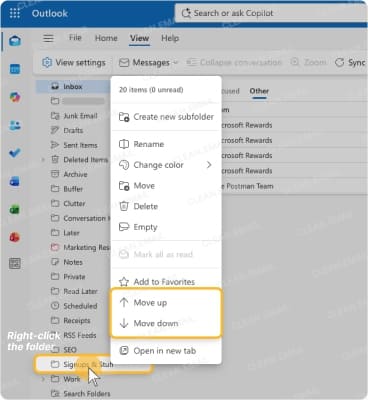Outlook folder pane settings with Custom folder order option