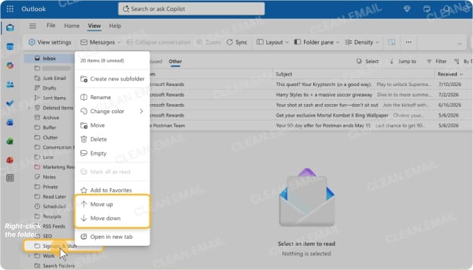 Outlook folder pane settings with Custom folder order option