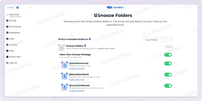 SaneBox email organization and filtering tools