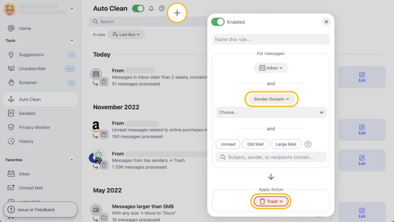 Automatically block emails with Auto Clean feature