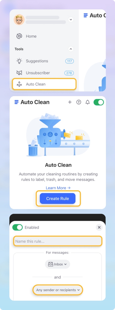 Create Rule in the Clean Thư điện tử Mobile App