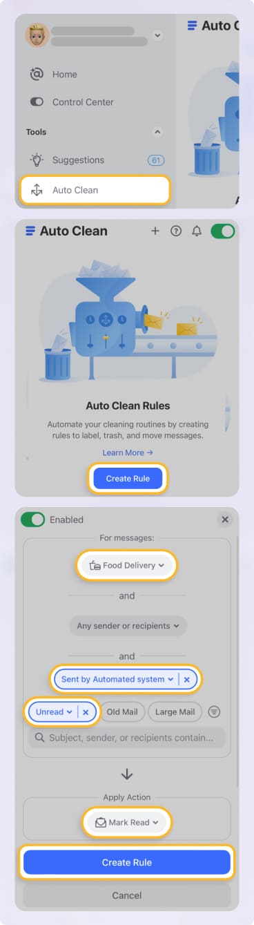 Set up automated mailbox rules in Clean Email