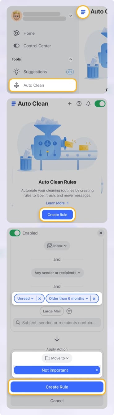 Auto Clean rules for mobile inbox in Clean Email