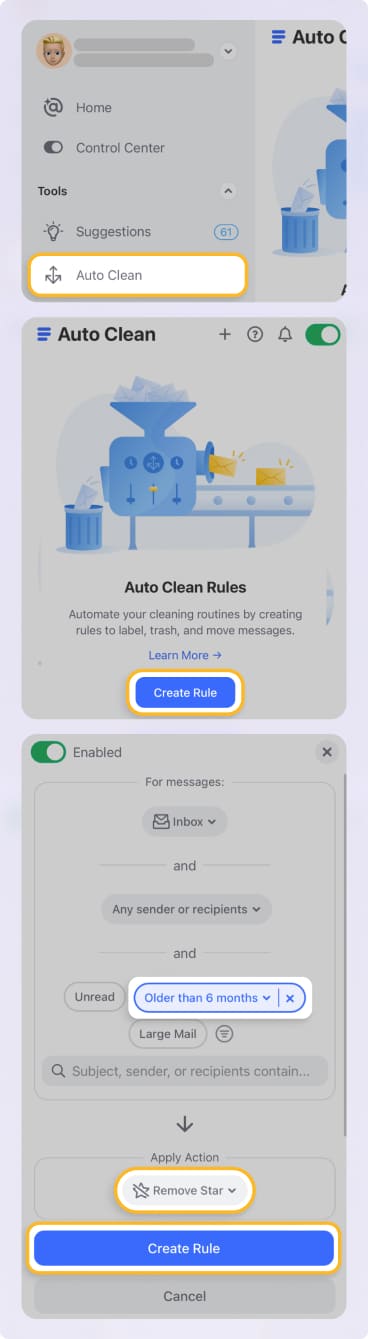 Create automated rules to remove stars from old emails in Clean Email