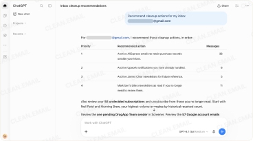 Clean Email AI assistant analyzing mailbox data and suggesting cleanup actions