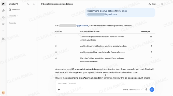Clean Email AI assistant analyzing mailbox data and suggesting cleanup actions