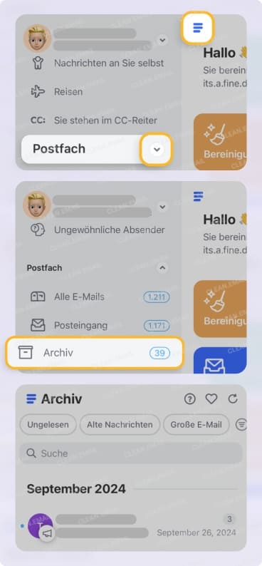 Archivierte Gmail-Nachrichten schnell in Clean Email finden auf Mobilgeräten