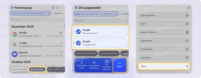 Clean Email ermöglicht das Markieren von Junk-Mails als Spam