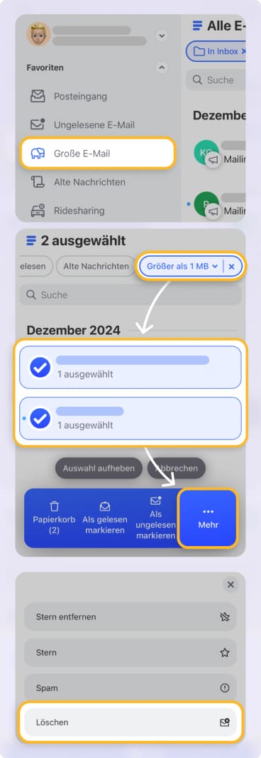 Mit dem Filter „Große E-Mails“ können Sie große Nachrichten in Clean Email schnell finden und löschen