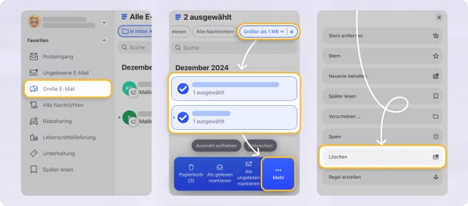 Mit dem Filter „Große E-Mails“ können Sie große Nachrichten in Clean Email schnell finden und löschen