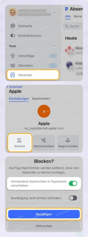 Blockieren Sie eine E-Mail auf dem Handy mit Clean Email