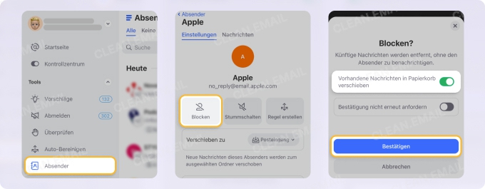 Blockieren Sie eine E-Mail auf dem Handy mit Clean Email