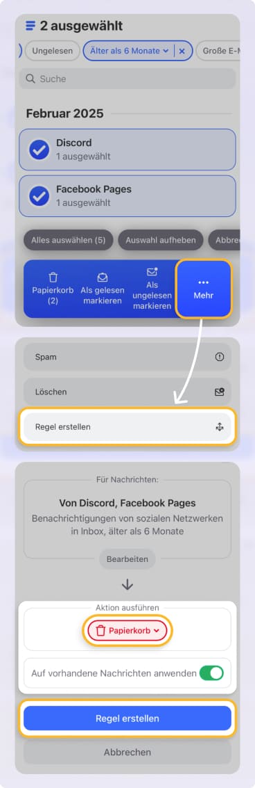 Erstellen Sie Regeln, um eine oder mehrere Nachrichtengruppen in Clean Email automatisch zu verwalten.