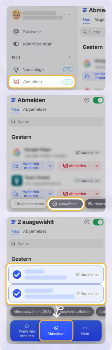 Mehrere Absender in einem Schritt in Clean Email abmelden