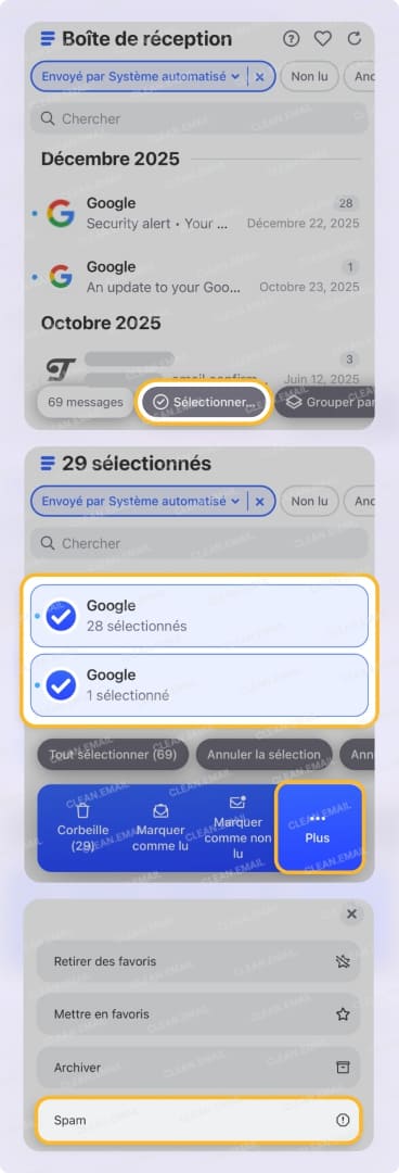 Clean Email permet de marquer les e-mails comme spam