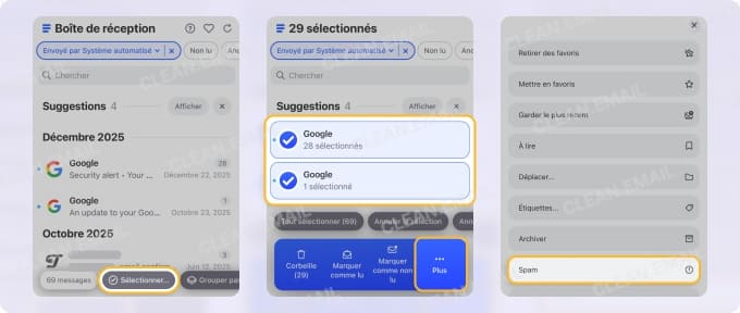 Clean Email permet de marquer les e-mails comme spam