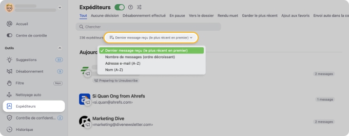Comment trier Gmail par expéditeur dans l'application Clean Email Mobile