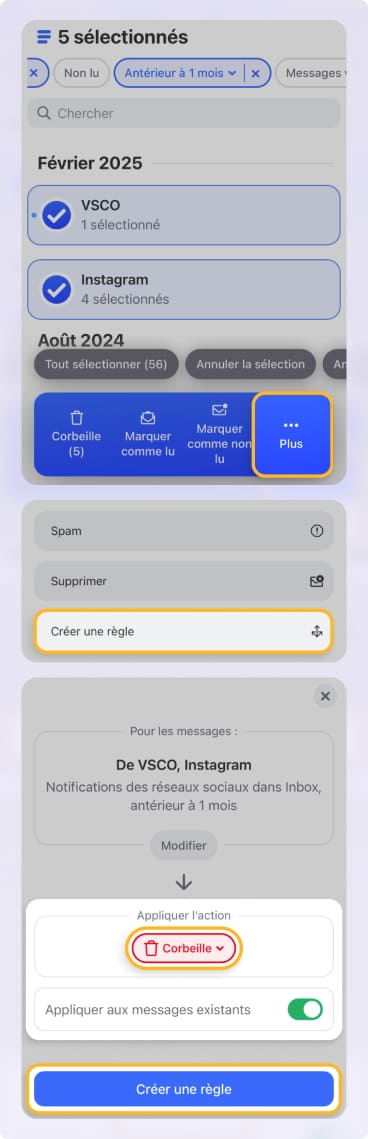 Créez des règles pour sélectionner un ou plusieurs groupes de messages dans Clean Email