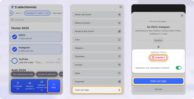 Créez des règles pour sélectionner un ou plusieurs groupes de messages dans Clean Email