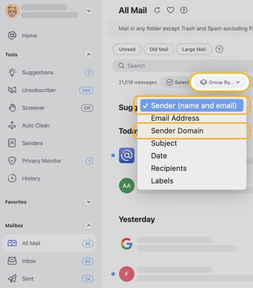 Sort emails by sender with Clean Email