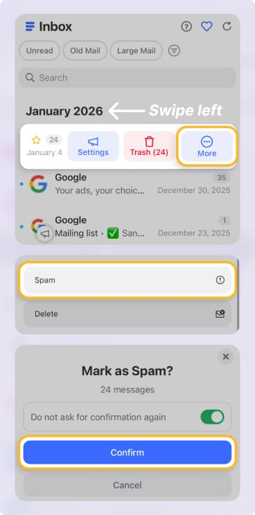 Mark an email as spam without opening it in Clean Email on Android