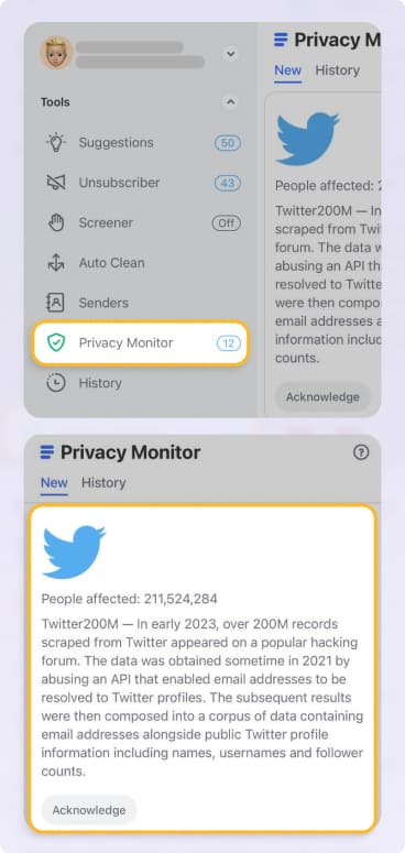 Clean Email Privacy Monitor on iPhone showing a major Twitter data breach affecting over 211 million people. The highlighted report details the 2023 Twitter200M leak, where email addresses were exposed through an abused API, alongside names, usernames, and follower counts. The text below explains how Privacy Monitor flagged the breach and how verify@twitter.com later sent security alerts about unusual login attempts.