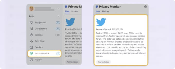 Clean Email Privacy Monitor on iPhone showing a major Twitter data breach affecting over 211 million people. The highlighted report details the 2023 Twitter200M leak, where email addresses were exposed through an abused API, alongside names, usernames, and follower counts. The text below explains how Privacy Monitor flagged the breach and how verify@twitter.com later sent security alerts about unusual login attempts.