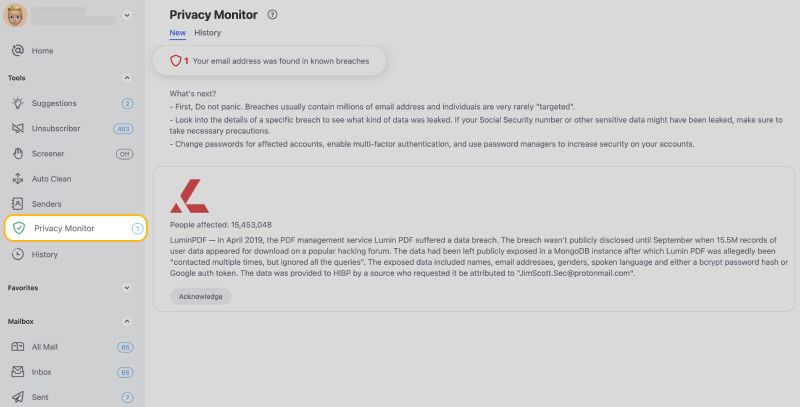 Privacy Monitor feature in Clean Email