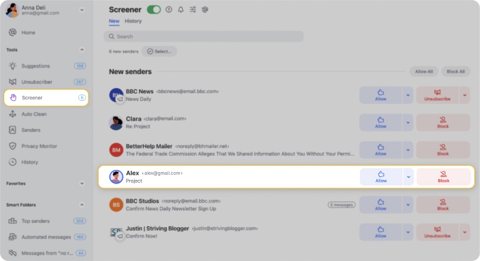 Stop spam emails with Screener feature in Clean Email