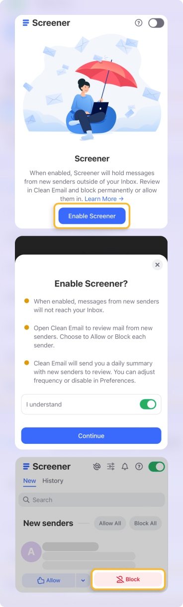 Block an Thư điện tử Address with Screener in Clean Email