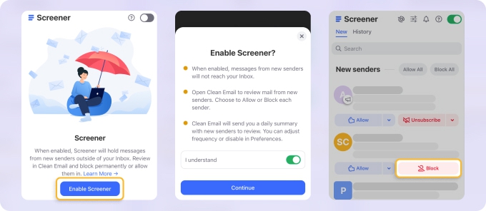 Block an Email Address with Screener in Clean Email