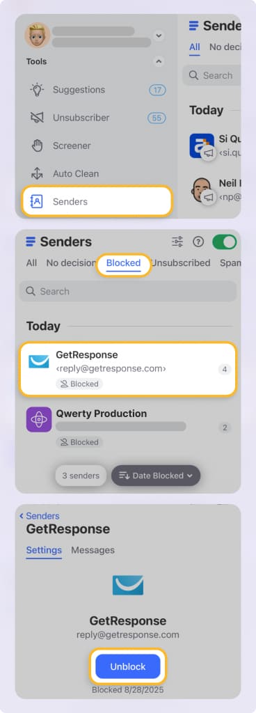 Blocking and Unblocking Emails with Clean Email on iPhone