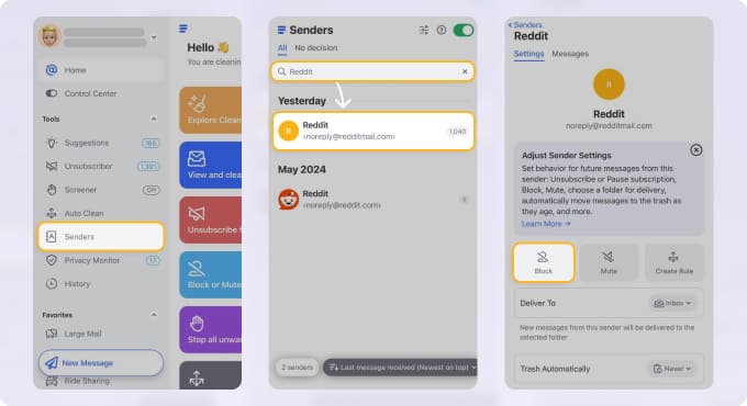 Step-by-step guide in the Clean Email app on iPhone showing how to block Reddit emails. The screenshots display navigating to the Senders section, searching for Reddit, selecting noreply@redditmail.com, and tapping the Block button to stop notifications.