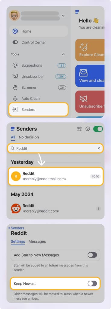 Clean Email app on iPhone showing how to enable Keep Newest for Reddit emails. The steps highlight navigating to the Senders section, selecting noreply@redditmail.com, and turning on the Keep Newest toggle to keep only the latest message while removing older ones automatically.