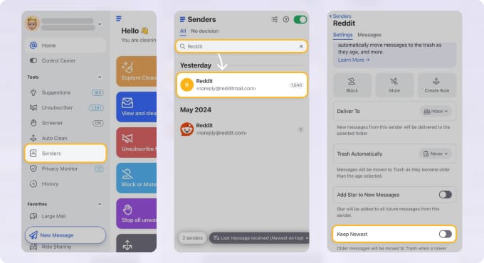 Clean Email app on iPhone showing how to enable Keep Newest for Reddit emails. The steps highlight navigating to the Senders section, selecting noreply@redditmail.com, and turning on the Keep Newest toggle to keep only the latest message while removing older ones automatically.
