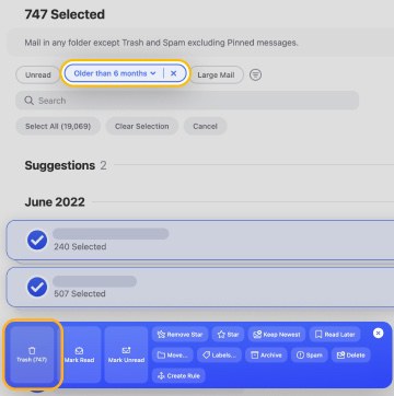 Send select to Trash, Mark as read, create an Auto Clean rule, and more