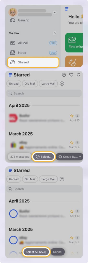 Select all messages in the Starred folder in Clean Email