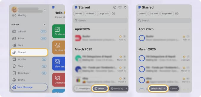 Select all messages in the Starred folder in Clean Email