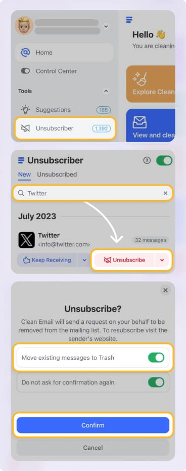 Clean Email app on iPhone showing how to unsubscribe from Twitter emails. The steps include opening the Unsubscriber tool, searching for Twitter senders like info@twitter.com and verify@twitter.com, tapping Unsubscribe, enabling the “Move existing messages to Trash” toggle, and confirming to stop future emails while deleting old ones at the same time.