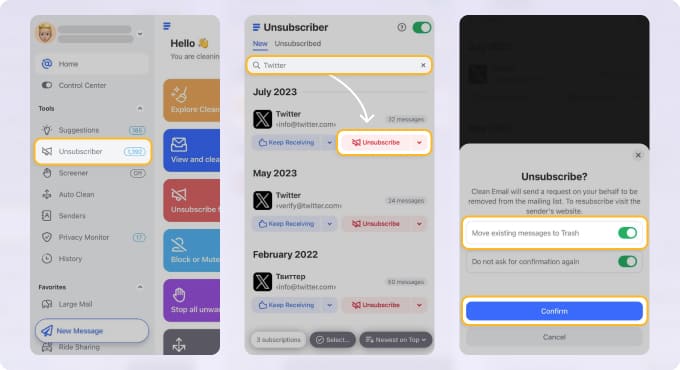 Clean Email app on iPhone showing how to unsubscribe from Twitter emails. The steps include opening the Unsubscriber tool, searching for Twitter senders like info@twitter.com and verify@twitter.com, tapping Unsubscribe, enabling the “Move existing messages to Trash” toggle, and confirming to stop future emails while deleting old ones at the same time.