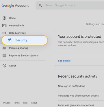 See recovery email address, recent account activity, and other Google security features