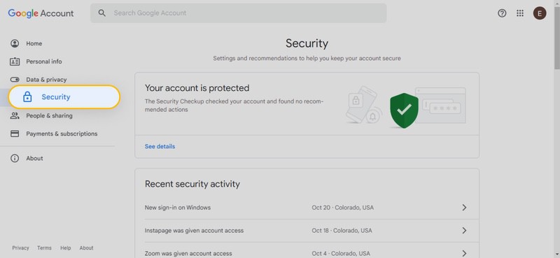 See recovery email address, recent account activity, and other Google security features
