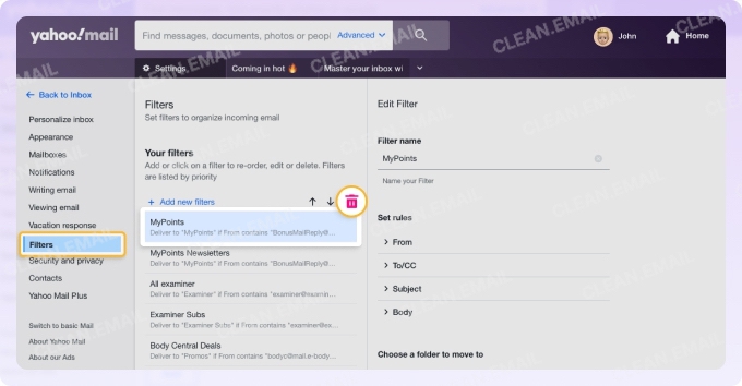 Review Yahoo Mail settings for blocked addresses and filters