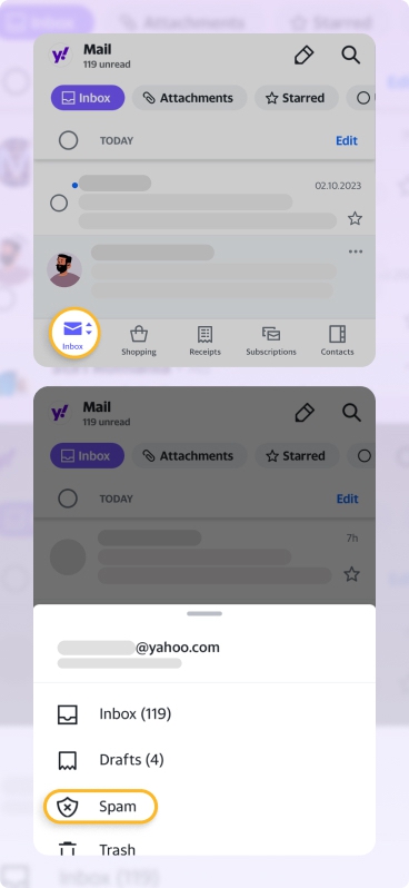 Open Inbox and locate Spam folder in Yahoo Mail app