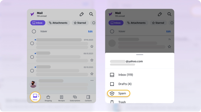 Open Inbox and locate Spam folder in Yahoo Mail app