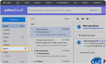 Open Yahoo Mail sidebar and locate Spam folder